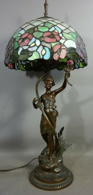 Antique Bronzed Art Nouveau Goddess Old Lady Sculpture Stained Glass Lamp Shade