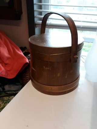 Antique Vintage Primitive Wooden Firken Firkin Sugar Bucket W/ Lapped Bands Lid