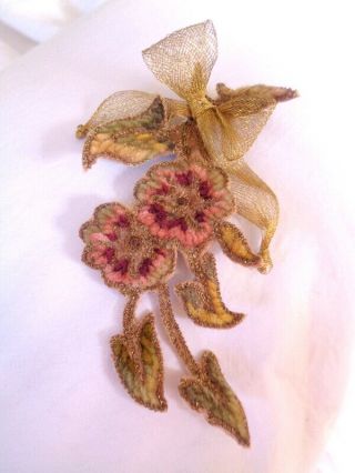 Opulent 19th Century French Chenille And Metallic Embroidered Floral Applique