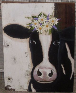 Primitive Hp Folk Art Prim Black & White Cow Daisies Old Reclaimed Wood