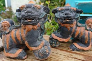 Vintage Mid Century Chinese Foo Dogs Yixing Clag Statues Home Or Garden STUNNING 2