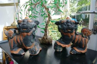 Vintage Mid Century Chinese Foo Dogs Yixing Clag Statues Home Or Garden STUNNING 3