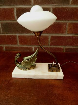 French Vintage/art Deco Table Lamp Spelter Swan On Marble Base White Shade