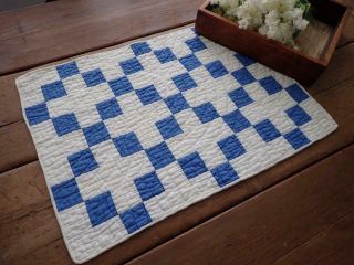 Antique Farmhouse Blue & White Nine Patch Table Quilt Runner 24x17 2