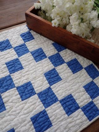 Antique Farmhouse Blue & White Nine Patch Table Quilt RUNNER 24x17 2 2