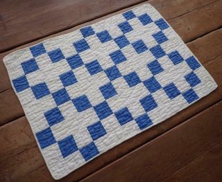 Antique Farmhouse Blue & White Nine Patch Table Quilt RUNNER 24x17 2 3