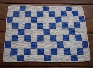 Antique Farmhouse Blue & White Nine Patch Table Quilt RUNNER 24x17 2 4