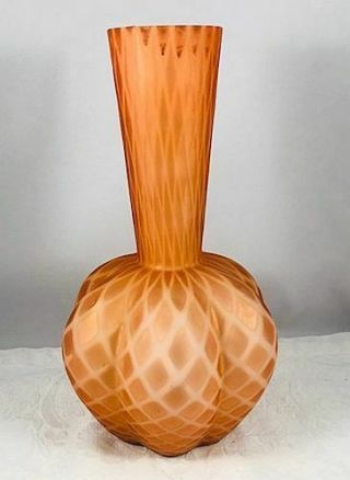 Antique Cased Peach Satin Glass Mop Diamond Quilt Vase Melon Ribbed Body N/r