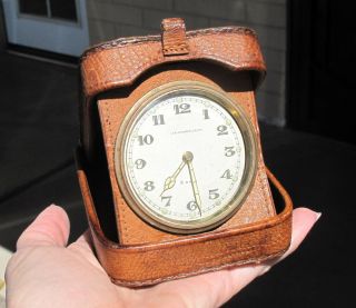 Vintage J E Caldwell Leather Folding Travel Clock,  Cortland 15 Jewel 8 Day Swiss