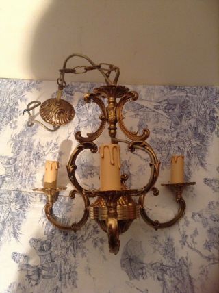 Vintage French Bronze Ornate 3 Arm Cage Chandelier Light (2342)