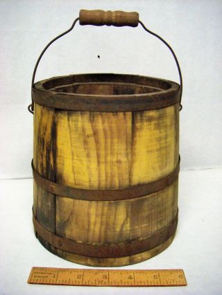 Antique Vermont Wooden Firkin Bucket W/ Yellow Paint & Bail Handle