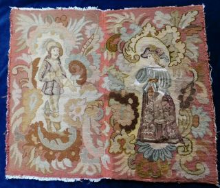 Antique 19thc Tapestry And Petit Point Panel,  Married? Couple In 17thc Costume