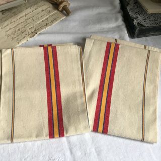 Vintage Tea Towels Red Yellow Ecru Torchons French Dishcloths Rustic Decor / 2pc