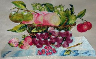 19th Century Victorian Silk Embroidery Picture Of Fruit In A Bowl