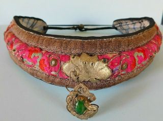 Antique Chinese Embroidered Silk Collar With Central Metal Flower/ Green Stone