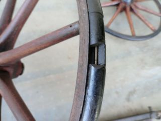 Vintage wooden cart wagon wheels and spring - loaded axle 7