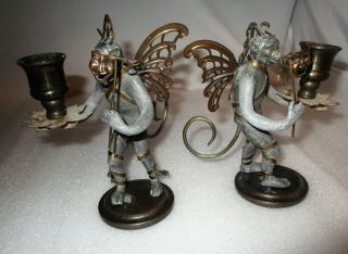 Vintage Petites Choses Pair Flying Monkeys w/Comedy Tragedy Masks Candlesticks 2
