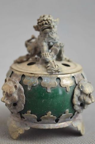 Handwork Collectable Old Miao Silver Carve Lion Inlay Agate Jade Incense Burner