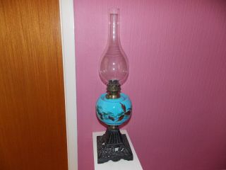 Cast Iron Base With Blue Glass Font Oil Lamp
