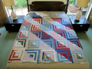 Vintage 19th Century Special Cotton Fabrics Log Cabin Straight Furrows Quilt Top