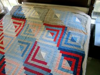 Vintage 19th Century SPECIAL Cotton Fabrics LOG CABIN Straight Furrows Quilt TOP 2