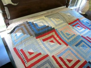 Vintage 19th Century SPECIAL Cotton Fabrics LOG CABIN Straight Furrows Quilt TOP 3