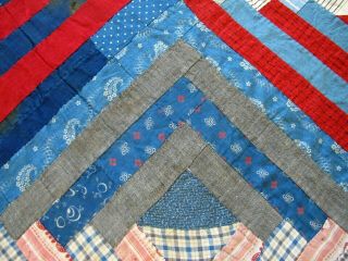 Vintage 19th Century SPECIAL Cotton Fabrics LOG CABIN Straight Furrows Quilt TOP 4