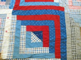 Vintage 19th Century SPECIAL Cotton Fabrics LOG CABIN Straight Furrows Quilt TOP 6