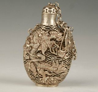 Tibetan Silver Handmade Hollowed Carving Dragon Snuff Bottle Pendant Gift