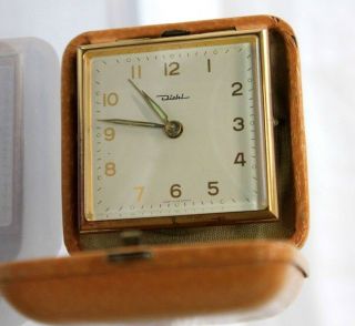 Vintage Diehl Brass Pocket Clock/watch Made In Germany,  W/leather Case