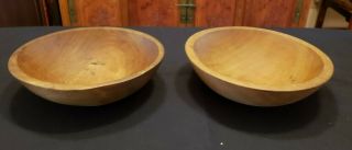 2 Vintage Rustic Wood Bowls Primitive Wood Wooden Dough Bowls 8.  5 " Across