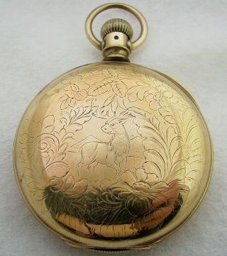 Antique 18s Columbus 16 Jewel Gold Filled Engraved Deer Hunter Pocket Watch