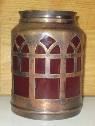 Vintage Art & Crafts Mission Period Hallway Copper Light Shade With Red Glass