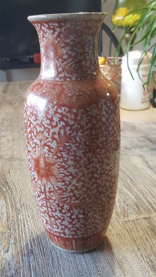 Antique Chinese Porcelain Oatmeal Crackle Glaze Vase W/ Scrolling Red Lotus