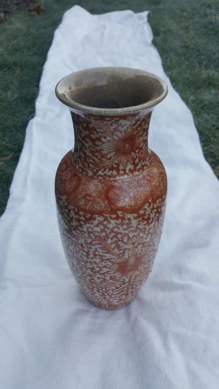 Antique Chinese Porcelain Oatmeal Crackle Glaze Vase w/ Scrolling Red Lotus 3