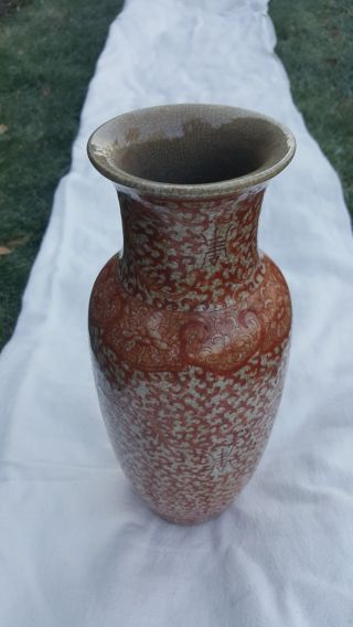 Antique Chinese Porcelain Oatmeal Crackle Glaze Vase w/ Scrolling Red Lotus 4