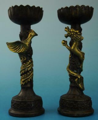 A Pair Old China Hand Made Gilding Copper Longfeng Candlestick Old Collect F01