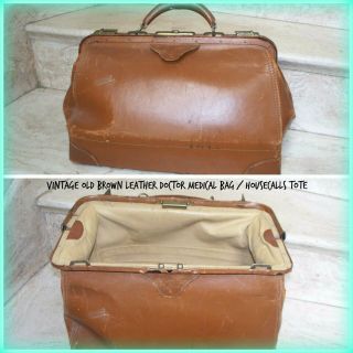Antique Vintage Natural Brown Leather Medical Doctor Bag Steampunk Travel Tote