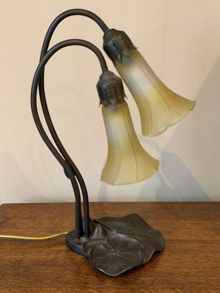 Table Lamp In Bronze Metal And Glass Fluted Shade Lamp,  Art Nuveau Style