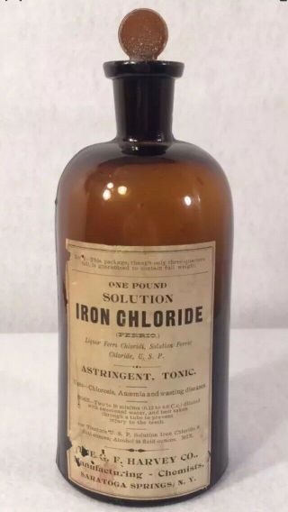 Antique G.  F Harvey Glass Apothecary Jar Medicine Bottle Drug Store Iron Chloride