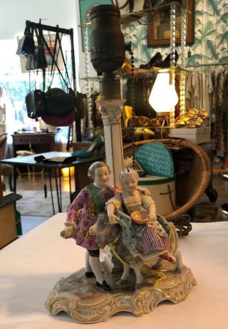 Antique Signed Dresden Germany Porcelain Hand Painted Figural Lamp