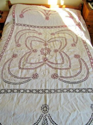 Gorgeous Vintage Embroidered Bedspread Lace Insertions & Edging 90 " X 98 "
