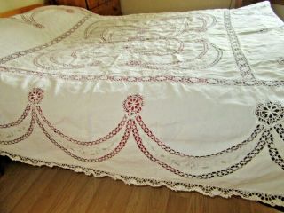 GORGEOUS VINTAGE EMBROIDERED BEDSPREAD LACE INSERTIONS & EDGING 90 