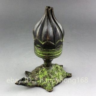 China Dynasty Bronze Candle Holder Candlestick Tortoise Turtle Lotus Flower B02