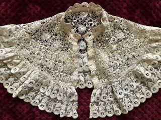 Gorgeous Handmade Xix C.  Large Lace Collar - Embroidery On Tulle - Width 9.  5 "