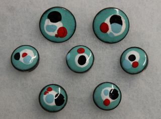 Set Of 5 Vintage Enamel Buttons And Matching Clip Earrings Mid Century