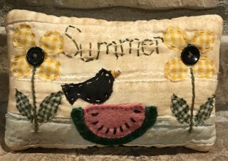 Primitive Summer Flowers & Watermelon Shelf Pillow - Made From Vintage Quilt