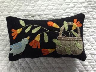 Wool Appliqued Pillow - Blue Bird And Flower Basket - Hand Stitched