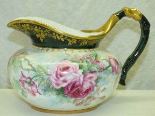 Antique Ktk Knowles Taylor Lotus Ware Pitcher Hand Painted Pink Roses & Gold