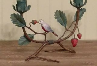 Vintage Italian Italy Tole Candle Holder Bird Strawberries Leaves On Branches
